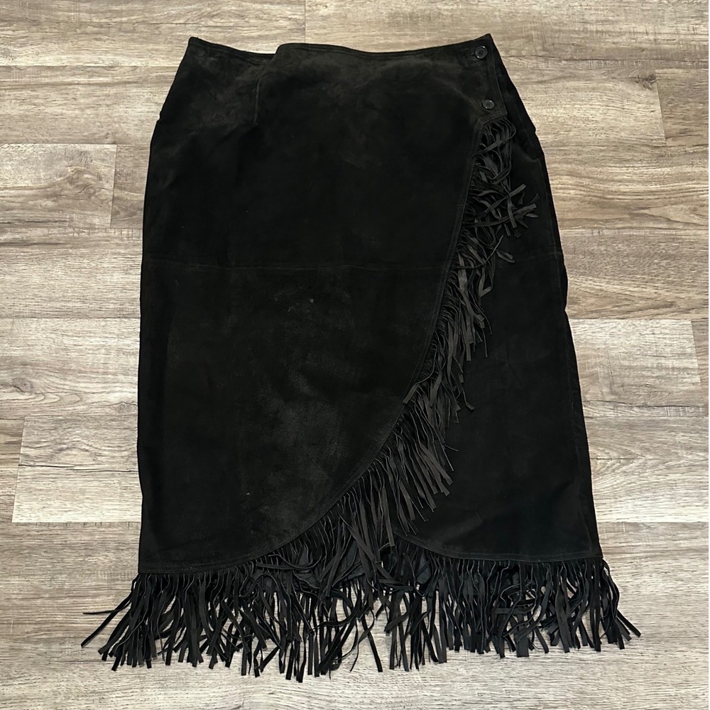 VTG Santa Fe Black Leather Fringe Wrap Skirt 3X Western Cowgirl Boho Western